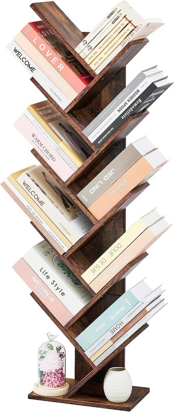 Hoctieon 10 Tier Tree Bookshelf, 10 Shelf Bookcase, Free Standing Tree Bookcase, Display Floor Standing Shelf for Books, Book Shelf Organizer, Rustic Brown - LeafyLoom