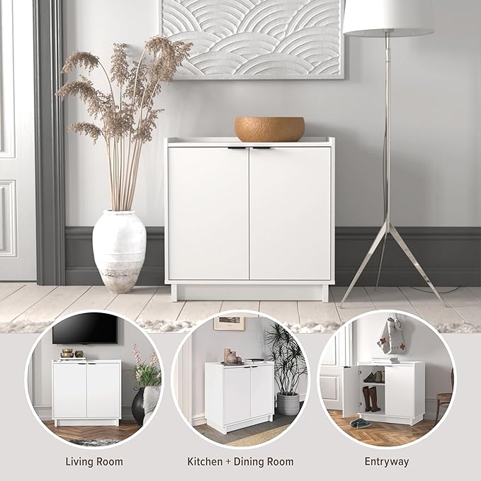 Prepac Simply Modern 2 Console Table, White Doors and Shelves, Buffet Cabinet with Storage, 30.75" W x 30" H x 16" D - LeafyLoom