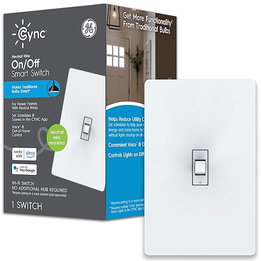 GE CYNC Smart Light Switch, Toggle Style, Neutral Wire Required, Bluetooth and 2.4 GHz 4-Wire Wi-Fi Switch, Works with Alexa and Google (1 Pack) CYNCSmartHome