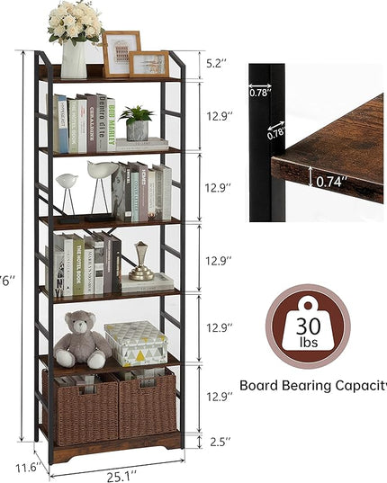 Vagusicc 6 Tier Bookshelf with 2 Storage Baskets, Tall Bookcase Shelf Storage Organizer Wood Book Shelf, Modern Shelf Rack Shelves with Steel Frame, Multipurpose Bookshelf for Bedroom Living Room - LeafyLoom