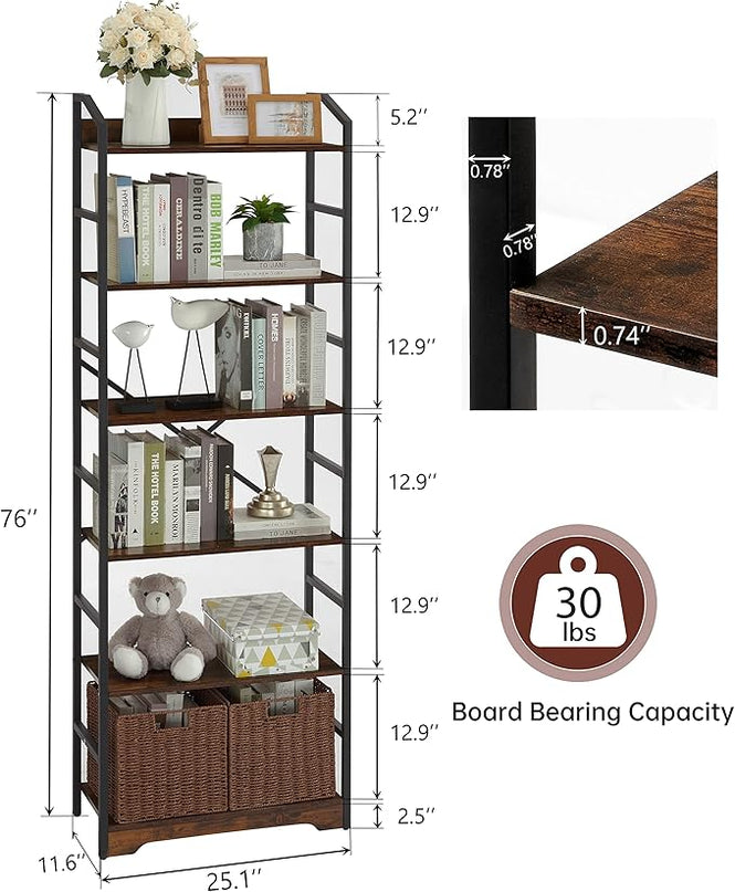 Vagusicc 6 Tier Bookshelf with 2 Storage Baskets, Tall Bookcase Shelf Storage Organizer Wood Book Shelf, Modern Shelf Rack Shelves with Steel Frame, Multipurpose Bookshelf for Bedroom Living Room - LeafyLoom