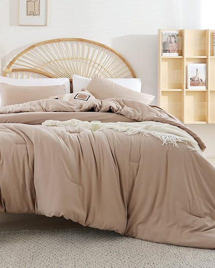 Queen Comforter Set Ultra Soft Microfiber Bed Comforter Set Boho and Luxury 3PC Taupe, with 2Pillowcases Lightweight All Season for Women and Men - LeafyLoom
