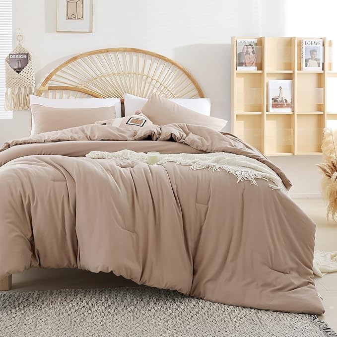 Queen Comforter Set Ultra Soft Microfiber Bed Comforter Set Boho and Luxury 3PC Taupe, with 2Pillowcases Lightweight All Season for Women and Men - LeafyLoom