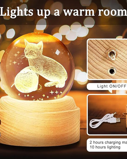 Best Mothers Day Gifts for Mom Women Wife Girlfriend Grandma, 3D Cat No.2 Crystal Ball Music Box with LED Night Lamp, Unique Mom Gifts for Birthday Graduation Christmas Valentine's Day Anniversary - LeafyLoom