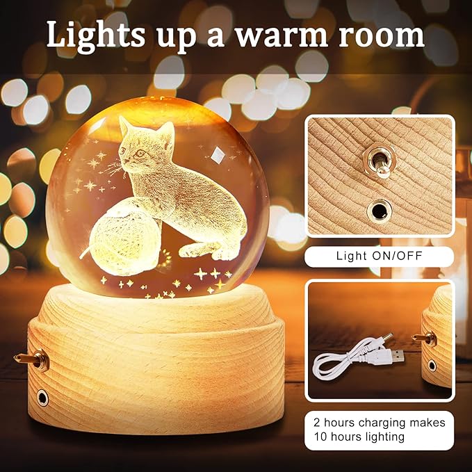 Best Mothers Day Gifts for Mom Women Wife Girlfriend Grandma, 3D Cat No.2 Crystal Ball Music Box with LED Night Lamp, Unique Mom Gifts for Birthday Graduation Christmas Valentine's Day Anniversary - LeafyLoom