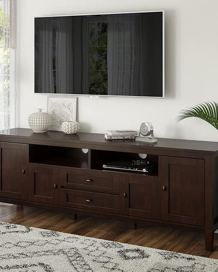 SIMPLIHOME Warm Shaker SOLID WOOD Universal TV Media Stand, 72 inch Wide, Transitional, Living Room Entertainment Center with Storage, for Flat Screen TVs up to 80 inches in Russet Brown - LeafyLoom