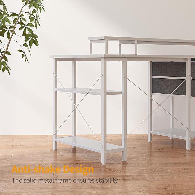 CubiCubi L Shaped Computer Desk with Monitor Stand & Shelves, 47 Inch Corner Home Office Desk Writing Table with Storage Drawer, White - LeafyLoom