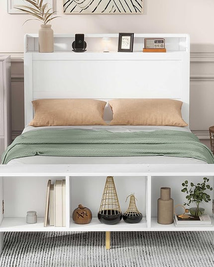 Merax Full Size Bed Frame with Storage,Kids Platform Bed with Cabinets and Shelves On Headboard and Footboard,Bookcase Headboard & USB Ports - LeafyLoom