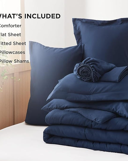Bedsure Navy King Comforter Set - 7 Pieces Solid King Bed in a Bag, King Bed Set Navy with Quilted Warm Fluffy Comforters, Sheets, Pillowcases & Shams - LeafyLoom