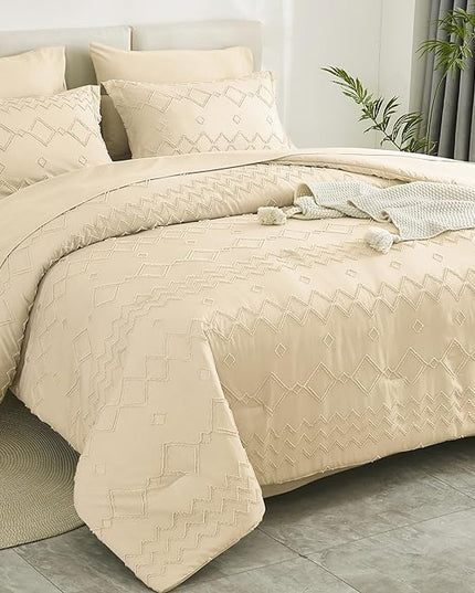 EMME Twin Comforter Set - 5 Pcs Beige Boho Bedding Sets, Tufted Comforter with Sheets, Shabby Chic Embroidery Twin Bed Set Fluffy Bed Bag for All Season(68"X90") - LeafyLoom