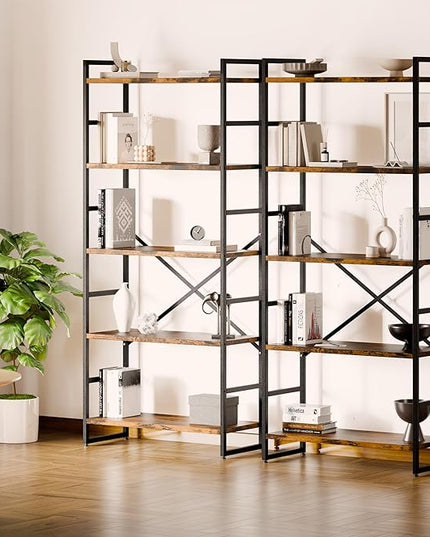 Shintenchi Bookshelf, 5 Tier Bookshelf, Tall Bookcase Shelf for CDs/Movies/Books, Home Office Bookcase Shelf Storage Organizer, Modern Book Shelf for Bedroom/Living Room/Home Office, Rustic Brown - LeafyLoom