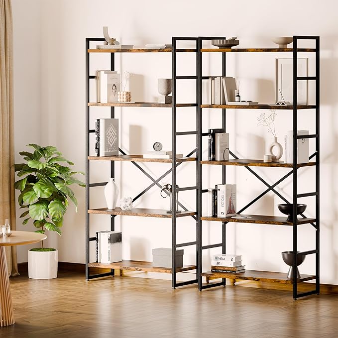 Shintenchi Bookshelf, 5 Tier Bookshelf, Tall Bookcase Shelf for CDs/Movies/Books, Home Office Bookcase Shelf Storage Organizer, Modern Book Shelf for Bedroom/Living Room/Home Office, Rustic Brown - LeafyLoom