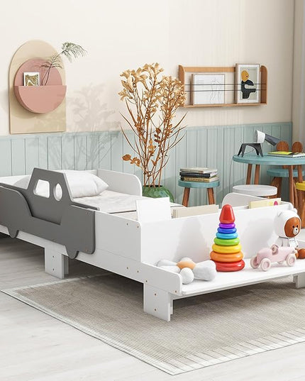 Twin Kid Bed with Headboard, Twin Bed with Footboard Bench,Wood Slat Support, Cute Kid Bed Frame with Book Storage Space, Twin Car Bed for Boys Girls Bedroom, No Box Spring Needed, White - LeafyLoom