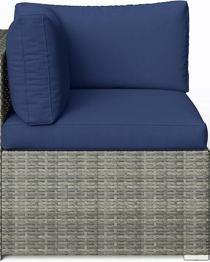 SUNVIVI OUTDOOR 7 Piece Patio Furniture Sets All Weather Gery PE Wicker Couch Sofa with Glass Table, Removable Navy Cushions - LeafyLoom