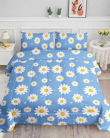 Datura home Flower Comforter Set Blue Daisy Floral Printed Pattern Quilt Bedding with 1 and 2 Pillowcases for Girls Women Bedroom All Season(Blue Full) Full 80x90inches - LeafyLoom