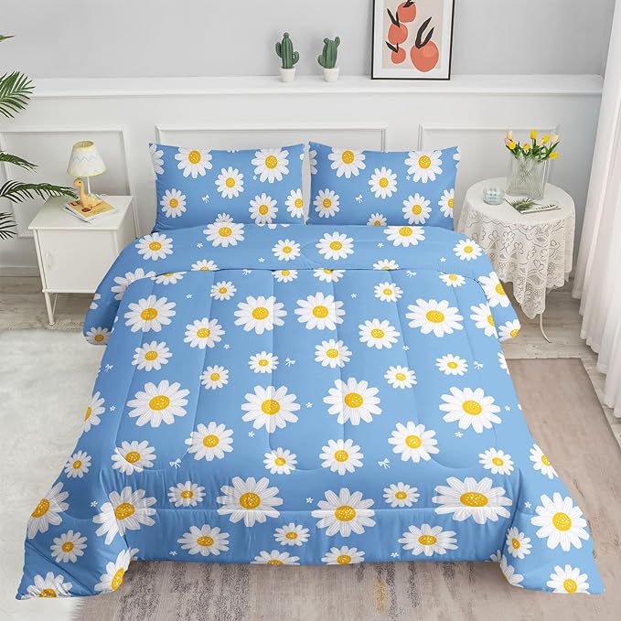Datura home Flower Comforter Set Blue Daisy Floral Printed Pattern Quilt Bedding with 1 and 2 Pillowcases for Girls Women Bedroom All Season(Blue Twin) Twin 68x86inches - LeafyLoom