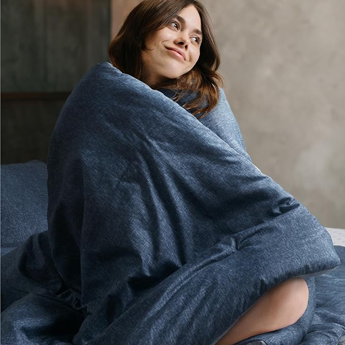 Blue King Comforter Set - Navy Soft Luxury Chambray Printed, All Season Lightweight Breathable Bedding Set, 3 Pieces Including 1 Comforter and 2 Pillow Shams - LeafyLoom