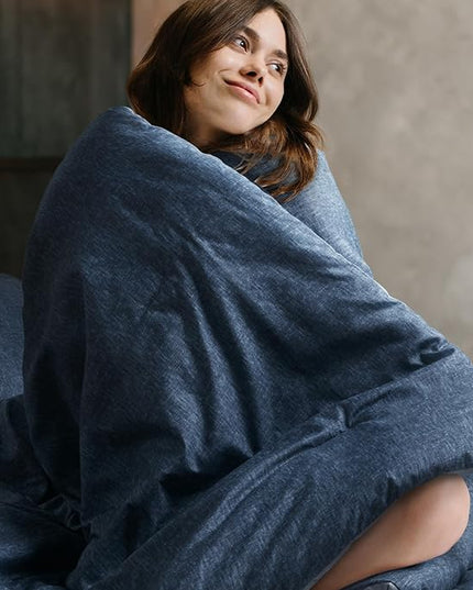 Blue Queen Comforter Set - Navy Soft Luxury Chambray Printed, All Season Lightweight Breathable Bedding Set, 3 Pieces Including 1 Comforter and 2 Pillow Shams - LeafyLoom