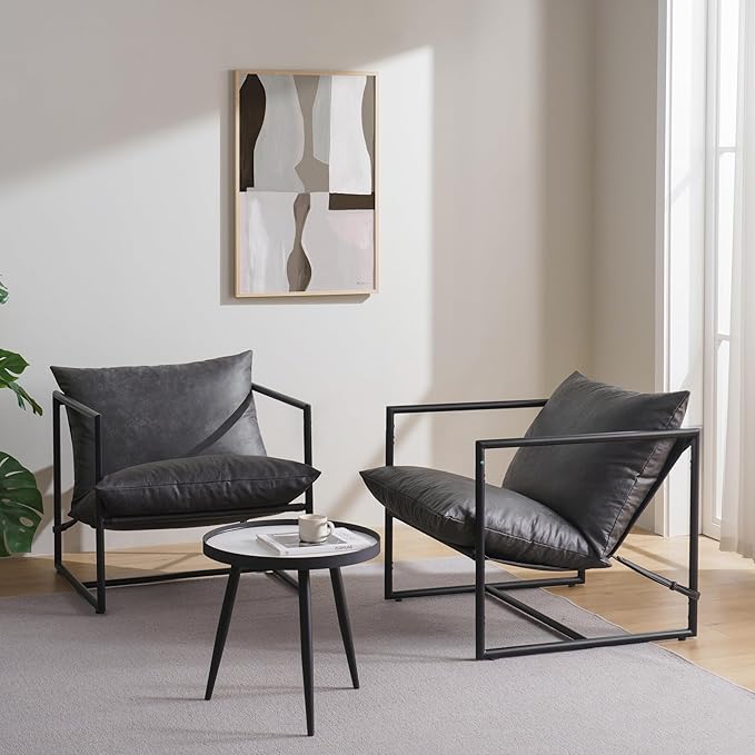 ZINUS Aidan Faux Leather Sling Accent Chair, Metal Framed Armchair with Shredded Foam Cushioning, Slate Grey - LeafyLoom