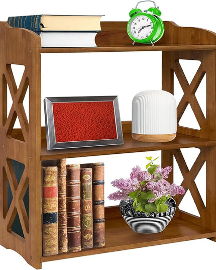 Bookcase by Natural Wood, 3 Tier Bookshelf, Small Book Shelves Freestanding Display Storage Shelves. Open Bookshelf for Bedroom, Living Room and Office (Brown, 3 Tier) - LeafyLoom