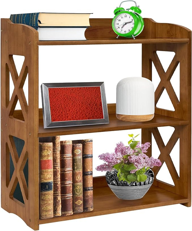 Bookcase by Natural Wood, 3 Tier Bookshelf, Small Book Shelves Freestanding Display Storage Shelves. Open Bookshelf for Bedroom, Living Room and Office (Brown, 3 Tier) - LeafyLoom