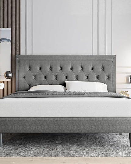 Allewie Queen Size Bed Frame Upholstered Platform Bed with Adjustable Headboard, Button Tufted, Wood Slat Support, Easy Assembly, Light Grey - LeafyLoom