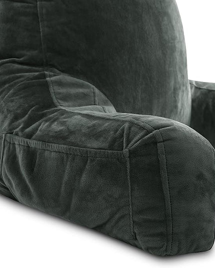 Husband Pillow XXL Dark Green Backrest with Arms - Adult Reading Pillow Shredded Memory Foam, Ultra-Comfy Removable Microplush Cover & Detachable Neck Roll, Unmatched Support Bed Rest Sit Up Pillow - LeafyLoom