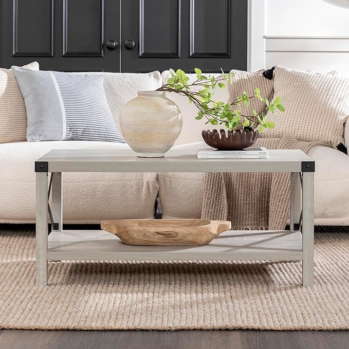Walker Edison Sedalia Modern Farmhouse Metal X Coffee Table, 40 Inch, Stone Grey - LeafyLoom