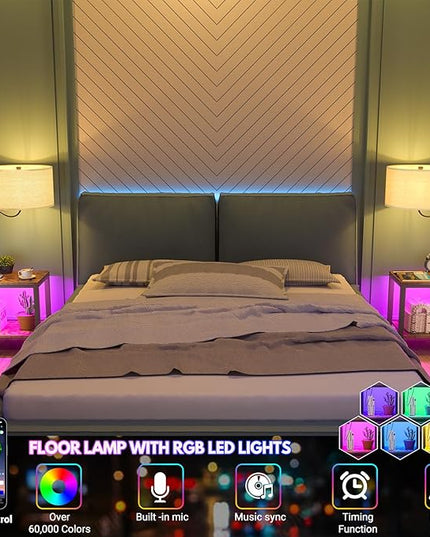 LED Floor Lamp with Table - Rustic Side Table with LED Light and Power Outlet, Bedside Nightstand with Lamp, End Table with Lamp Attached for Living Room, Bedroom, USB Ports, Bulb Included - LeafyLoom