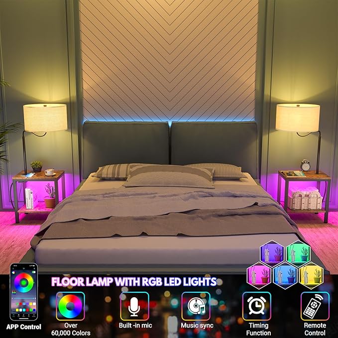 LED Floor Lamp with Table, Rustic Brown Side Table with LED Light and Power Outlet, Nightstand with Lamp, End Table with Lamp Attached for Living Room Bedroom, USB Ports, Bulb Included, 2 Pack - LeafyLoom