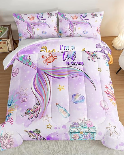 HOSIMA Kids Mermaid Comforter Set with 2 Pillowcases,Watercolor Ocean Life Sea Animal Mermaid Tail Pattern Bedding Set,Light Purpl King Size Comforter Set for Teens Girls Women Bedroom Decor. - LeafyLoom