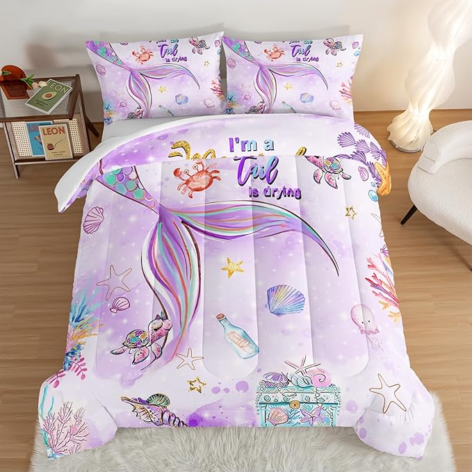 HOSIMA Kids Mermaid Comforter Set with 2 Pillowcases,Watercolor Ocean Life Sea Animal Mermaid Tail Pattern Bedding Set,Light Purpl King Size Comforter Set for Teens Girls Women Bedroom Decor. - LeafyLoom