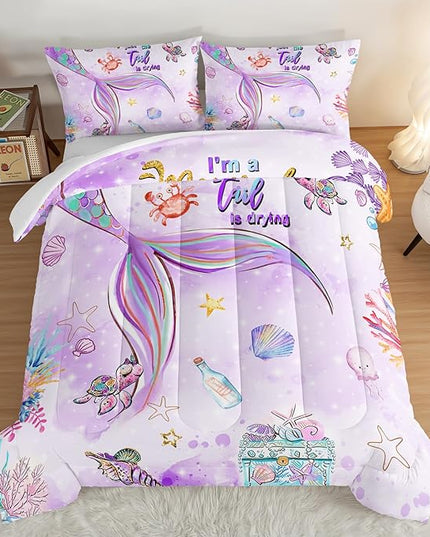 HOSIMA Kids Mermaid Comforter Set with 2 Pillowcases,Watercolor Ocean Life Sea Animal Mermaid Tail Pattern Bedding Set,Light Purpl Comforter for Teens Girls Women Bedroom Twin Bed in a Bag. - LeafyLoom