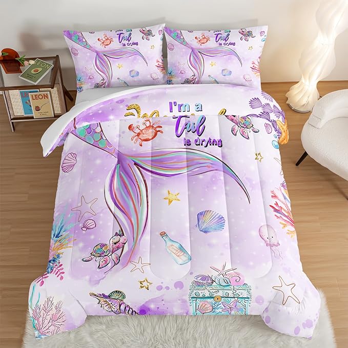 HOSIMA Kids Mermaid Comforter Set with 2 Pillowcases,Watercolor Ocean Life Sea Animal Mermaid Tail Pattern Bedding Set,Light Purpl Comforter for Teens Girls Women Bedroom Twin Bed in a Bag. - LeafyLoom