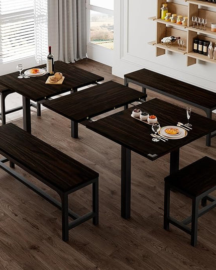 Feonase 5-Piece Dining Table Set for 4-8 People, 63" Extendable Kitchen Table Set with 2 Benches and 2 Square Stools, Dining Room Table with MDF Wood Board, Easy Clean, Espresso - LeafyLoom
