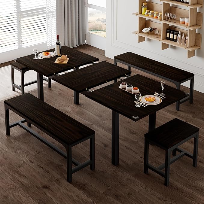 Feonase 5-Piece Dining Table Set for 4-8 People, 63" Extendable Kitchen Table Set with 2 Benches and 2 Square Stools, Dining Room Table with MDF Wood Board, Easy Clean, Espresso - LeafyLoom