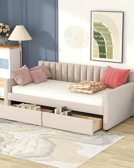 Twin Size Velvet Upholstered Daybed with Two Storage Drawers, Solid Wooden Bed Frame w/Vertical Stripes Designed Backrest and Pine Legs, Space-Saving Design, for Kids, Bedroom, Dorm, Beige-7 - LeafyLoom