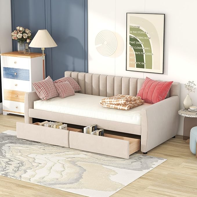 Twin Size Velvet Upholstered Daybed with Two Storage Drawers, Solid Wooden Bed Frame w/Vertical Stripes Designed Backrest and Pine Legs, Space-Saving Design, for Kids, Bedroom, Dorm, Beige-7 - LeafyLoom