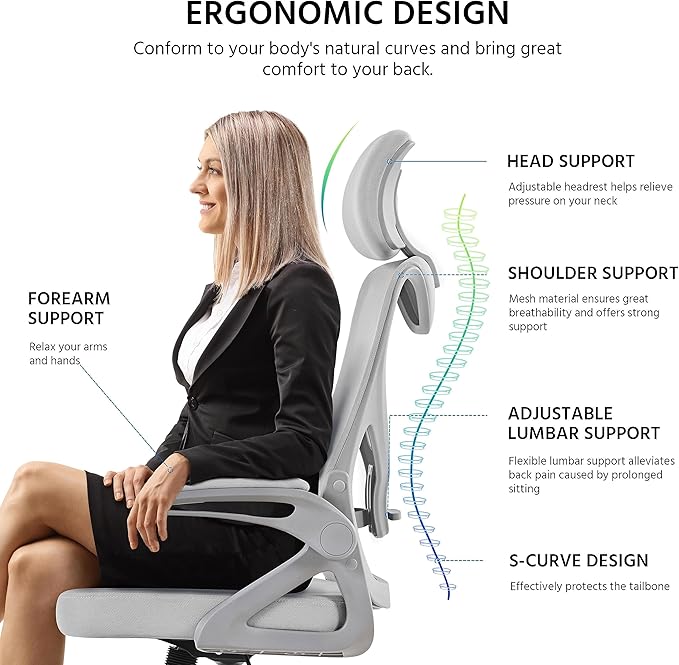 Yaheetech Ergonomic Mesh Office Chair, High Back Desk Chair with with flip-up Armrests, Adjustable Padded Headrest Computer Chair with Lumbar Support for Home Oiffce Game Room, Full Gray - LeafyLoom