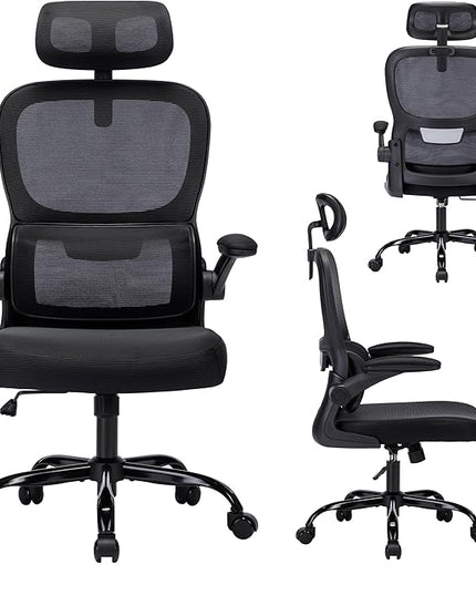 Office Chair, Ergonomic Office Chair Desk Chair with Headrest, High Back Mesh Computer Chairs for Home Office with Adjustable Back Support, 350lbs Comfortable Black Office Chair, Tilt Lock - LeafyLoom