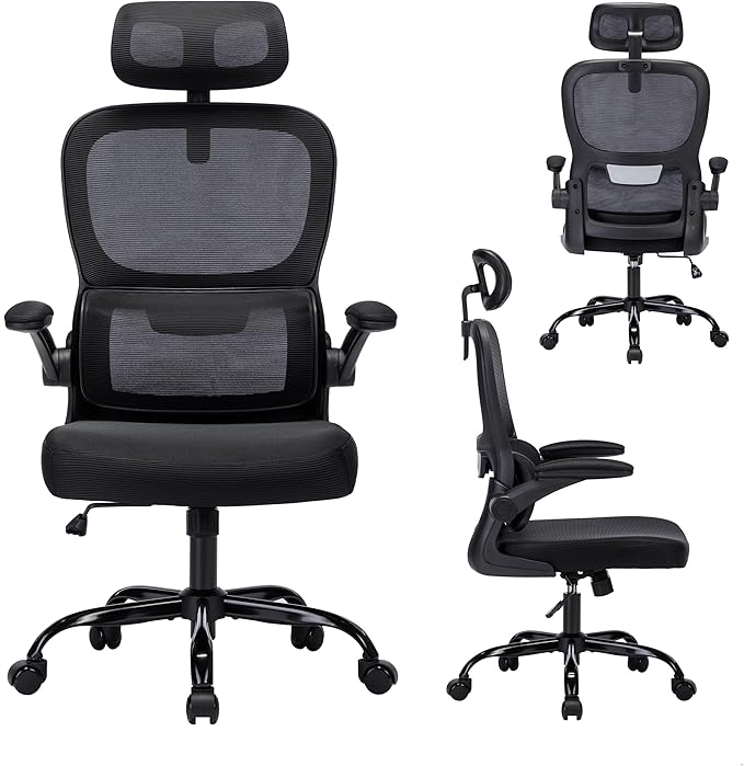 Office Chair, Ergonomic Office Chair Desk Chair with Headrest, High Back Mesh Computer Chairs for Home Office with Adjustable Back Support, 350lbs Comfortable Black Office Chair, Tilt Lock - LeafyLoom