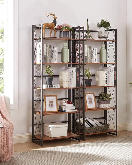 VECELO Folding Bookshelf,5 Tier Bookcase Foldable Easy Assembly, Industrial Book Shelf Storage Organizer with X Metal Frame and Anti-Toppling Design, - LeafyLoom