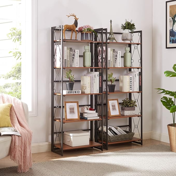 VECELO Folding Bookshelf,5 Tier Bookcase Foldable Easy Assembly, Industrial Book Shelf Storage Organizer with X Metal Frame and Anti-Toppling Design, - LeafyLoom