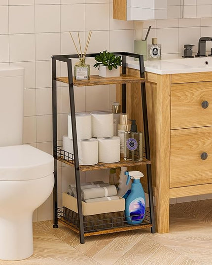 keomaisyto 3-Tier Bathroom Ladder Shelf, Wood Shelving Unit for Bathroom Storage Organizer, Freestanding Storage Shelf, Open Shelving Unit for Bathroom Small Spaces Laundry Living Room - LeafyLoom