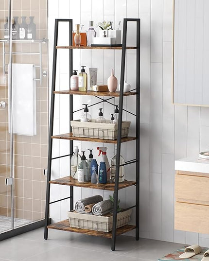 Yusong Bookshelf, Ladder Shelf 5-Tier Bookcase for Bedroom, Industrial Book Shelves Storage Rack with Metal Frame for Home Office, Rustic Brown - LeafyLoom