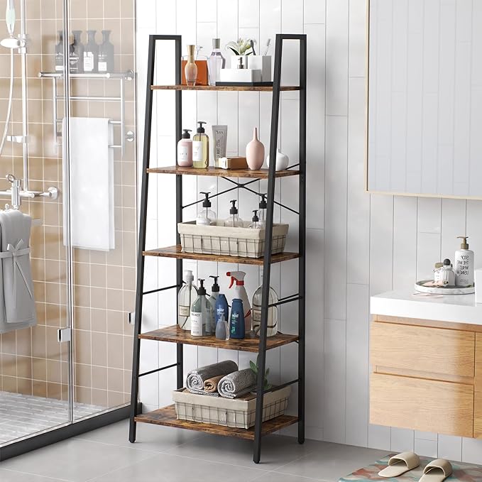 Yusong Bookshelf, Ladder Shelf 5-Tier Bookcase for Bedroom, Industrial Book Shelves Storage Rack with Metal Frame for Home Office, Rustic Brown - LeafyLoom