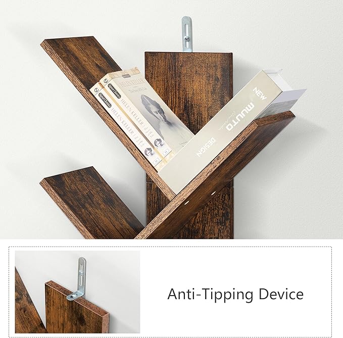 4 Tier Tree Bookshelf with Drawer, Small Tree Bookcase, Table Top Book Shelf Organizer Shelves for Living Room, Bedroom, Home Office, Rustic Brown - LeafyLoom