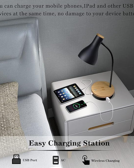 Metal Desk Lamp Wireless Charging Table Lamp Touch Reading Lights Arc Desk Lamps for Bedroom, 3 Way Dimmable Bedside Lamp with USB Charging Ports, Reading Lamp for Study Room and Office (Black-02) - LeafyLoom
