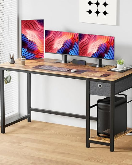 Sweetcrispy Small Computer Desk with Drawers 40 Inch Office Writing Work Kids Study 2-Tier Wood Corner Table with Storage Drawers Shelf for Bedroom Home Office - Rustic Brown - LeafyLoom