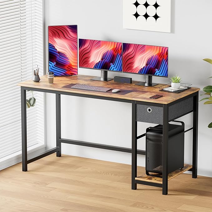 Sweetcrispy Small Computer Desk with Drawers 40 Inch Office Writing Work Kids Study 2-Tier Wood Corner Table with Storage Drawers Shelf for Bedroom Home Office - Rustic Brown - LeafyLoom